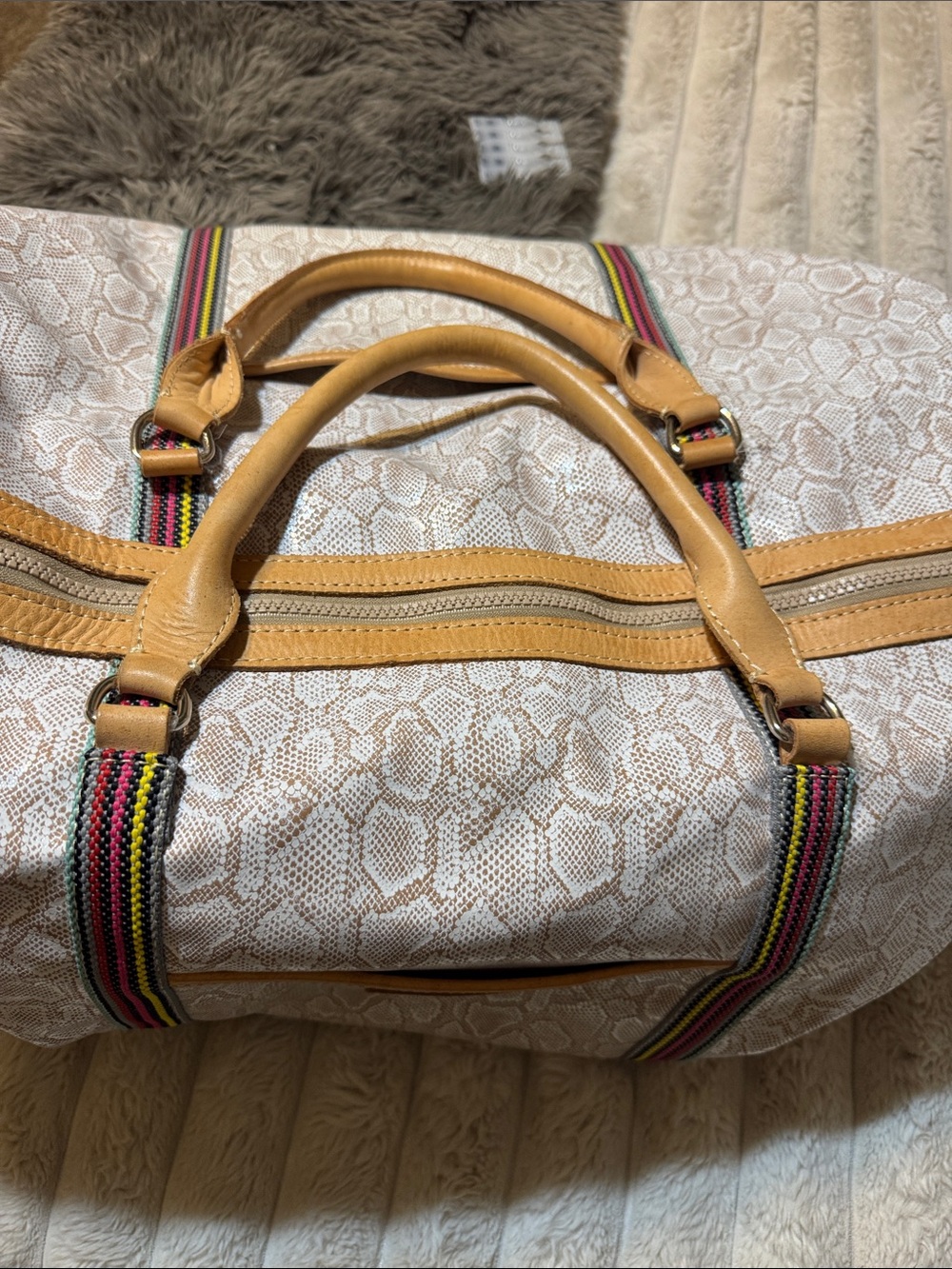 Consuela White Snake-Print Travel Tote with Tan Trim and Multi-Stripe Handles - Picture 4 of 5